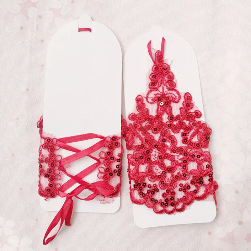 White/Red/Beige Fingerless Lace Bridal Gloves