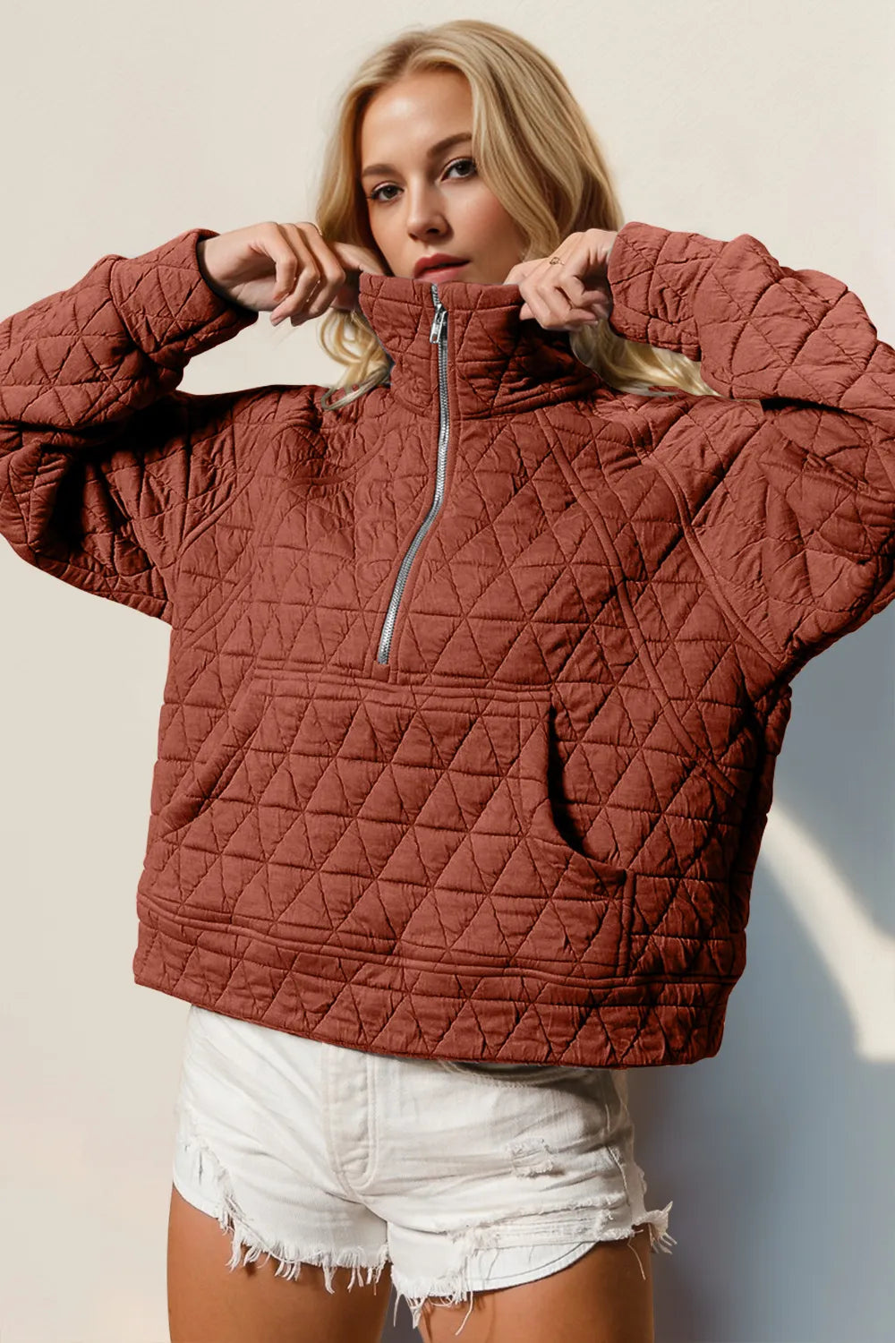 Brown Half Zip Long Sleeve Quilted Sweatshirt