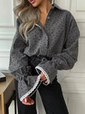 Heart Print Button Up Flounce Sleeve Shirt Dark Gray Bazaare Mart Heart Print Button Up Flounce Sleeve Shirt