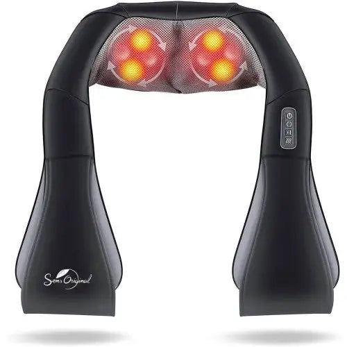 A black heated massage device for the neck with red light indicators, featuring a comfortable neck resting pad.
