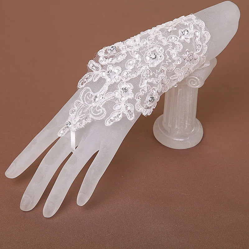 White/Red/Beige Fingerless Lace Bridal Gloves