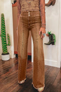 High Waist Button Fly Flare Jeans Coffee 71%Cotton+27.5%Polyester+1.5%Elastane Bazaare Mart Bottoms/Jeans