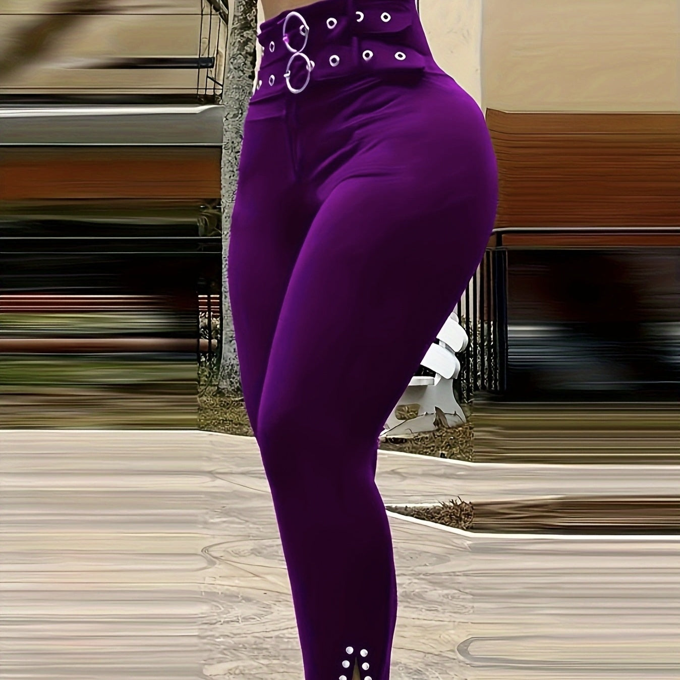 Double Belted High Waist Slim Fit Purple Ankle Eyelet Pants