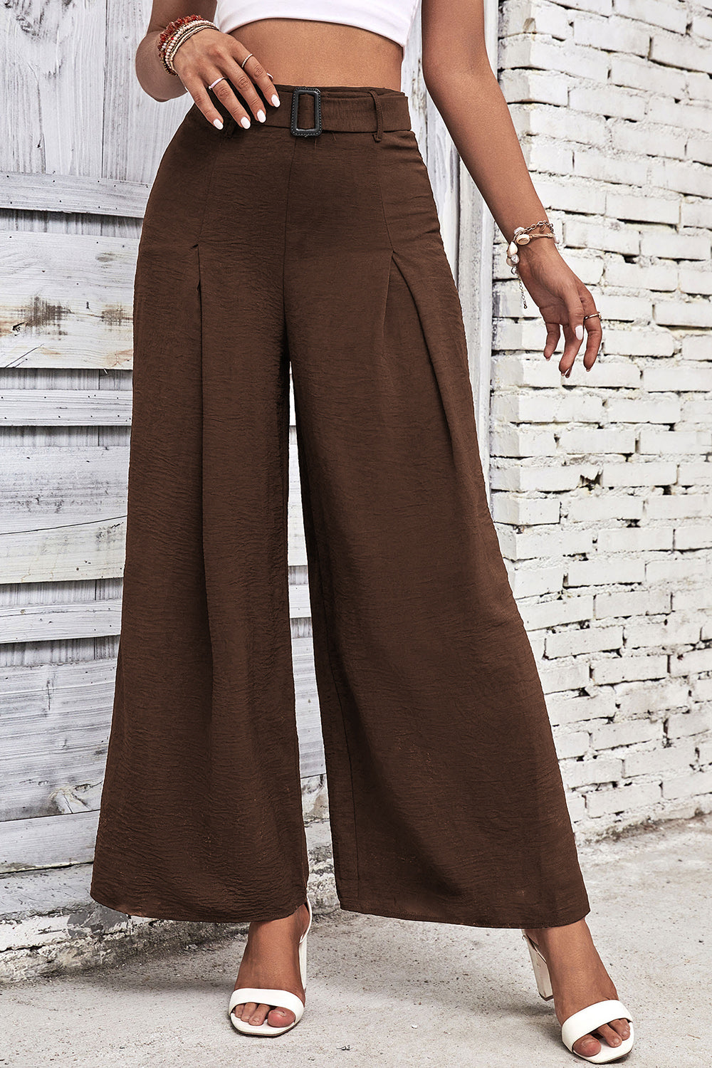 Brown High Belted Waist Wide Pleated Leg Pants