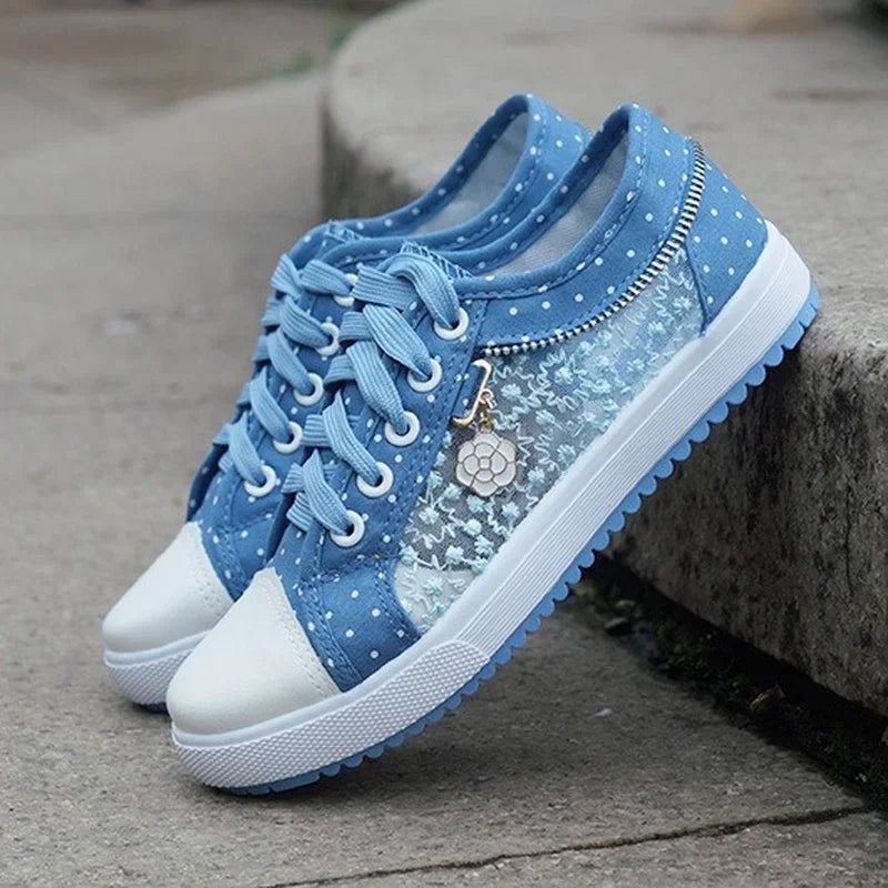 Unique Hollow Mesh Polka Dot Denim Sneakers
