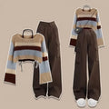Hollow Stripe Long Sleeved Knitwear Tank+Cargo Pants Set Brown Set Bazaare Mart Hollow Stripe Long Sleeved Knitwear+Tank+Cargo Pants Set