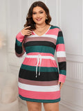 Striped V-Neck Long Sleeve Mini Dress Burnt Coral Bazaare Mart Striped Long Sleeve Dress