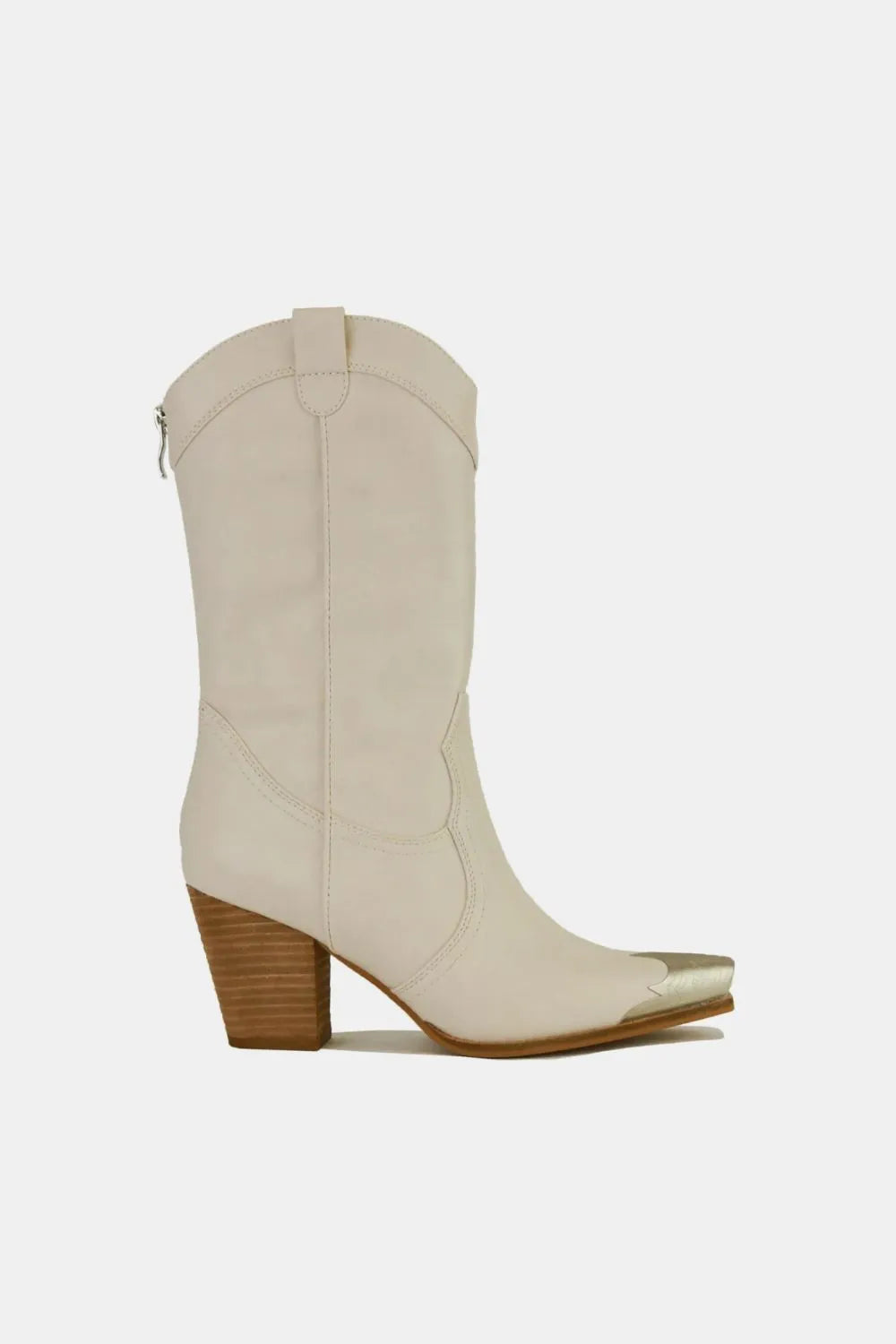 Ivory Designer Metal-Toe Block Heel Cowgirl Boots with Back Zipper