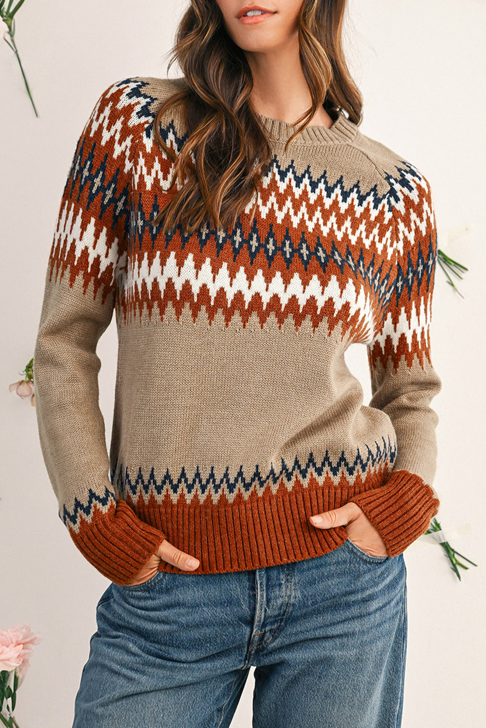 Khaki Geo Print Color Block Crew Neck Sweater