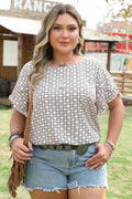 Khaki Geo Print Short Sleeve Blouse Khaki 100%Polyester Bazaare Mart Plus Size/Plus Size Tops/Plus Size Blouses & Shirts