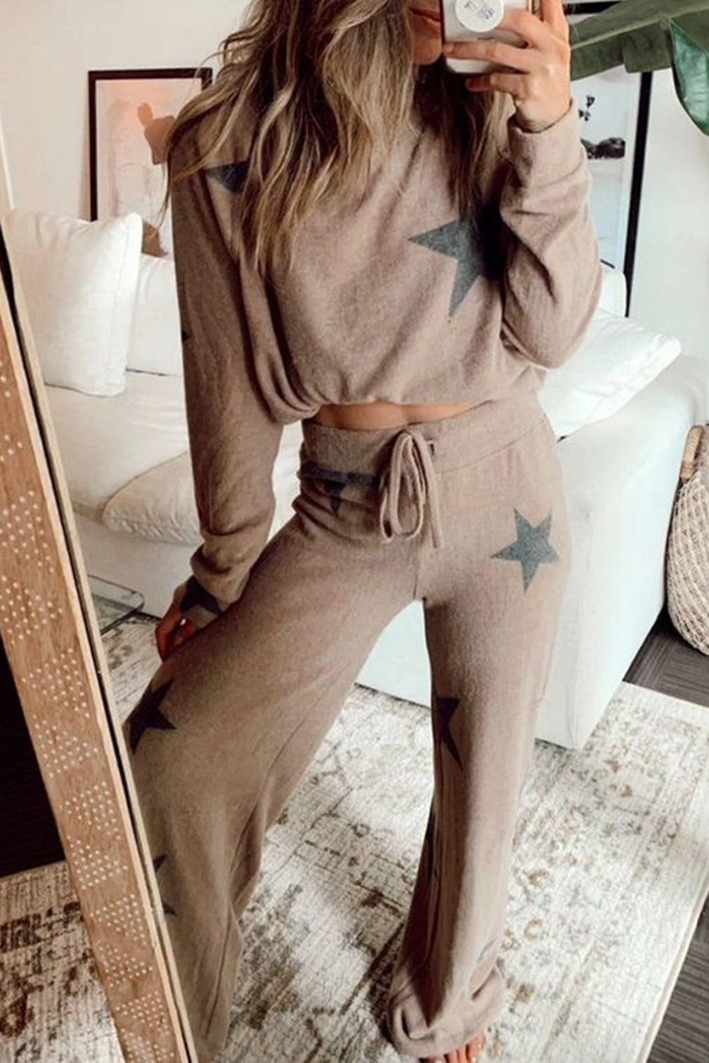 Khaki Retro Star Print Long Sleeve Pajama Set