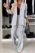 Knit Racing Stripes Pants Suits Light Gray Bazaare Mart Contrast Lapel Collar Top and Pants Suit