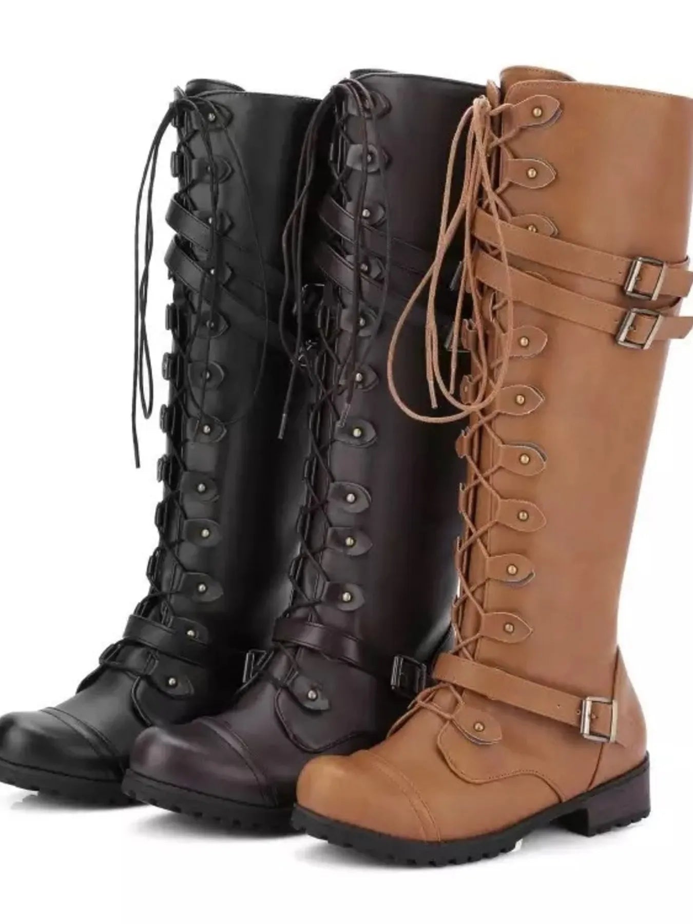 Three pairs of knee-high Lace-Up Boots with Buckle Straps in black, brown, and tan 