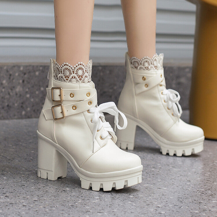 White Lace High Block Heel Back Zip Double Buckle Lace Up Ankle Boots