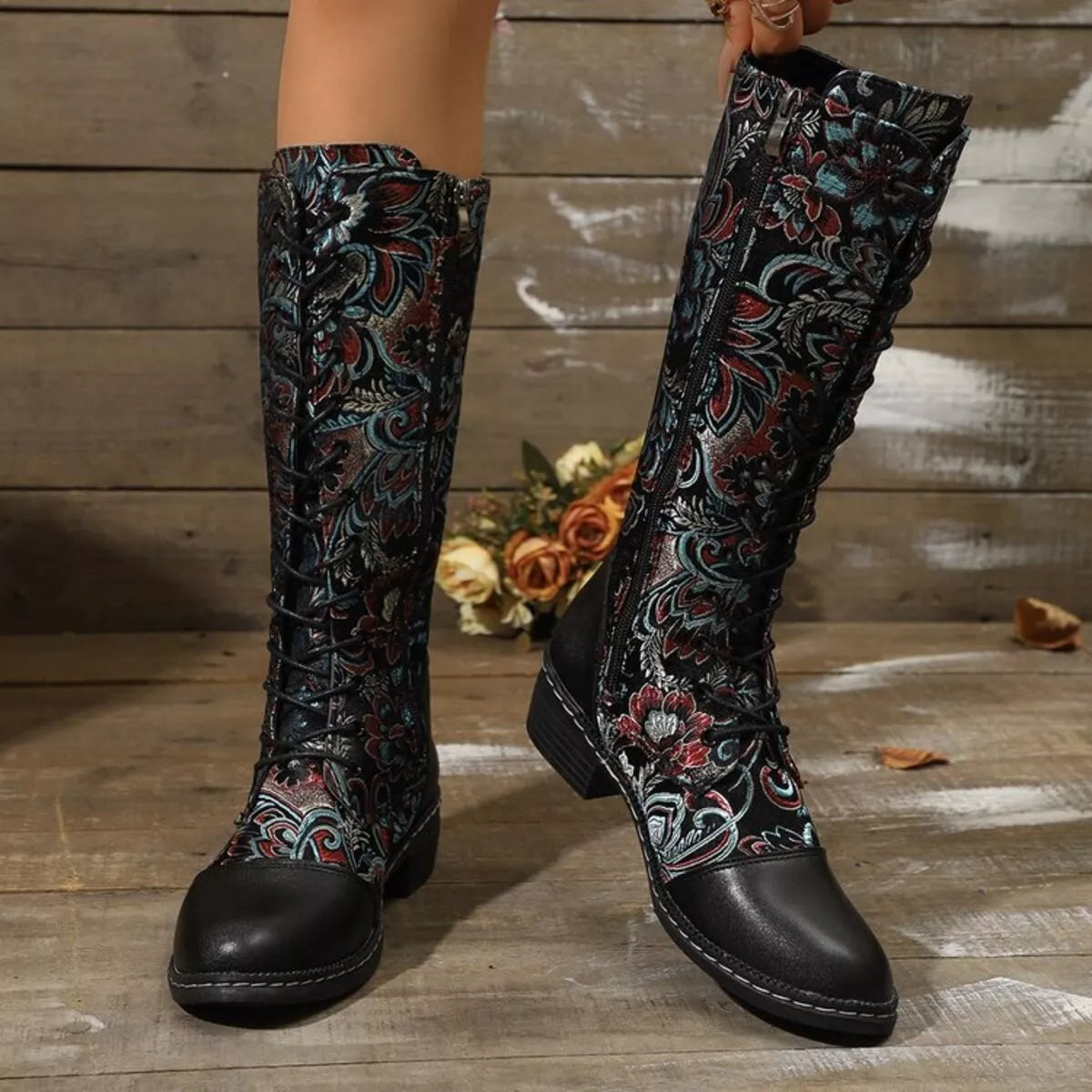 Black Paisley Zip and Lace Up Low Block Heel Boots