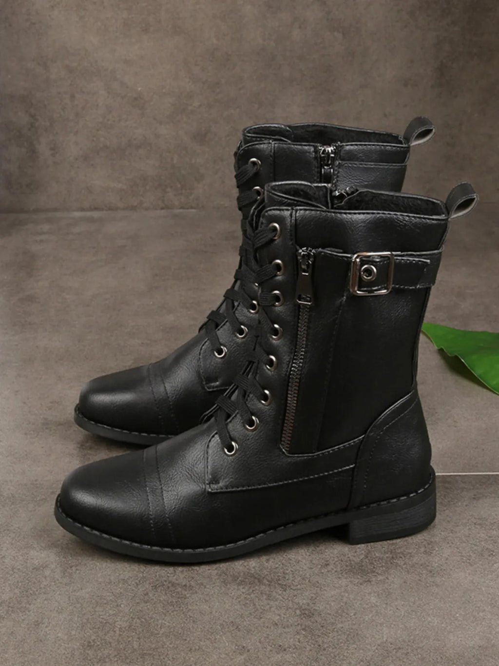 Lady's Black Outer Zip and buckle Motorcycle Boots