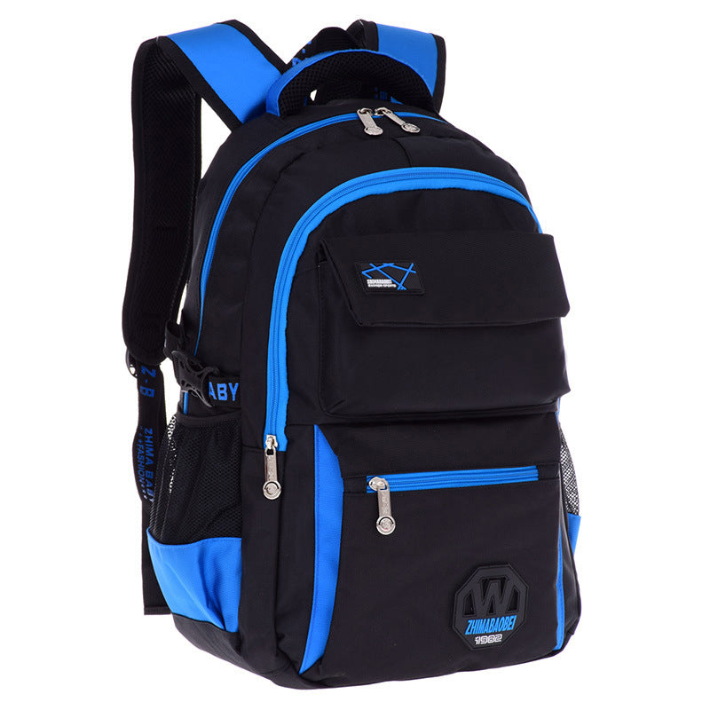 Black and blue backpack with visible brand logos 