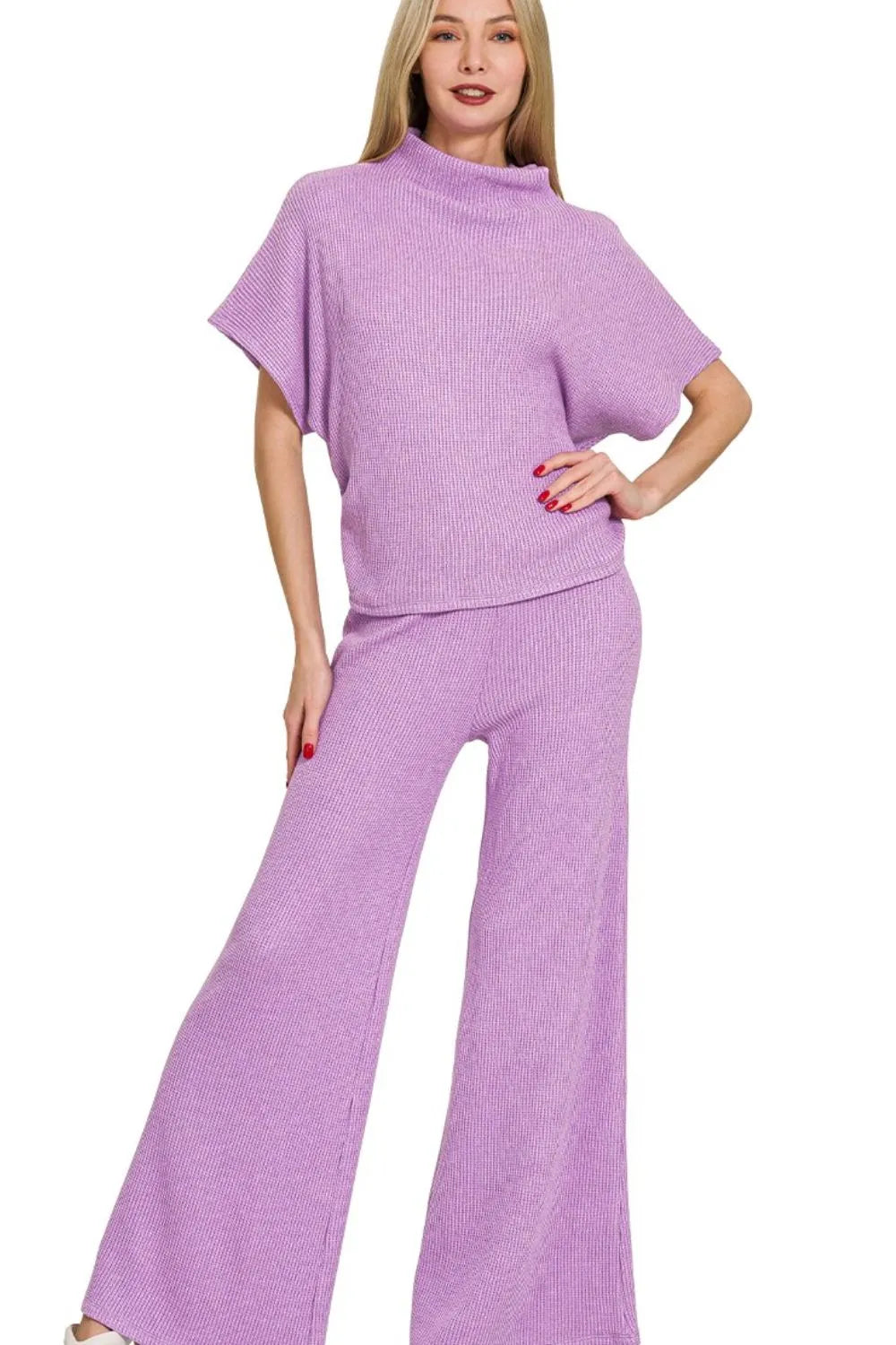 Lavender Mock Neck Sweater Top & Wide Leg Pants Set