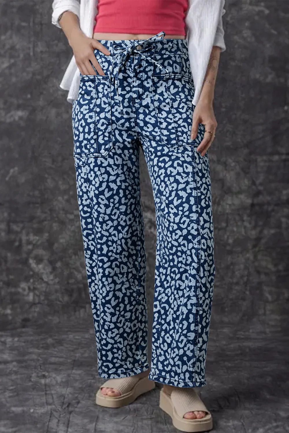 Leopard Print Drawstring Blue Jeans