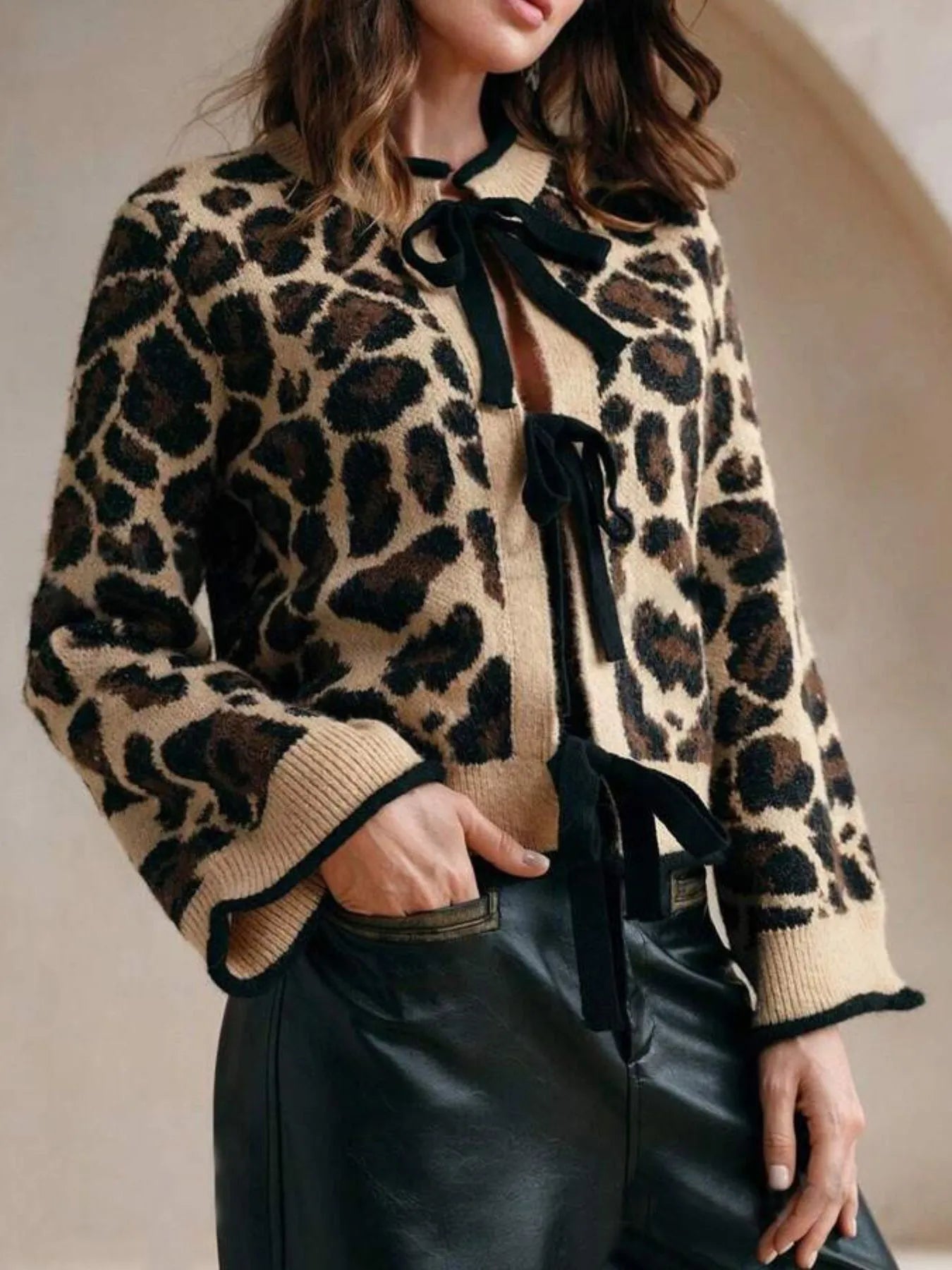 Leopard Print Black Bow-Tie Front Cropped Beige Cardigan