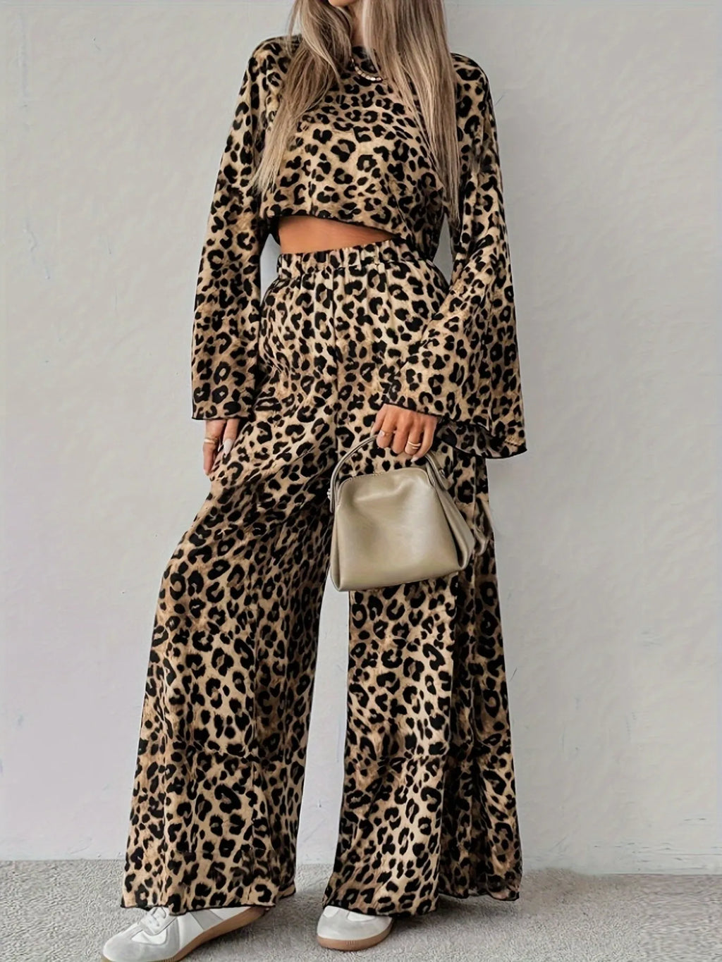 Leopard Print Long Bell Sleeve Crop Top and Wide Leg Pants Set