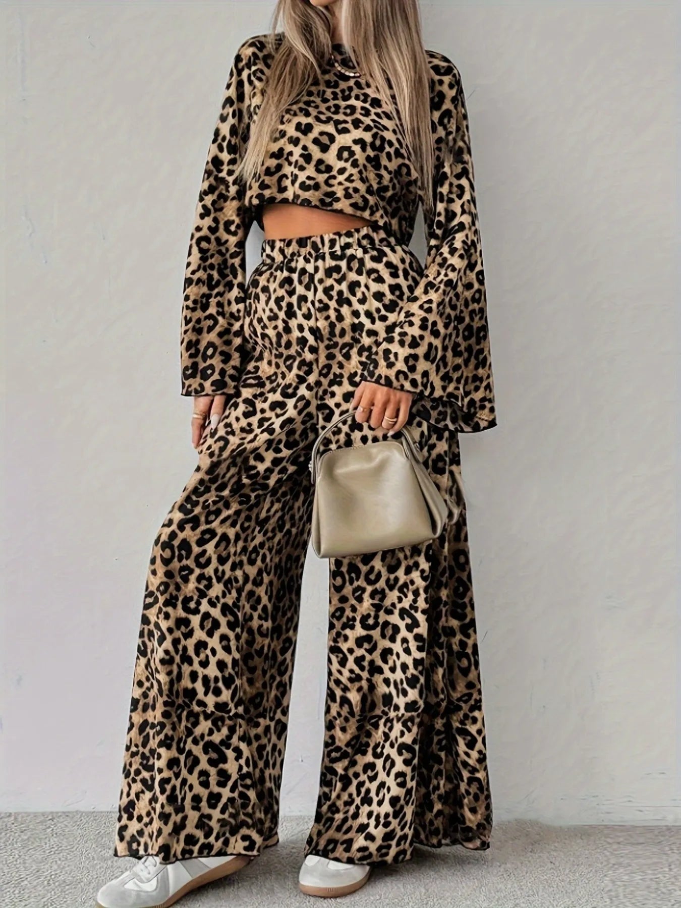 Leopard Print Long Bell Sleeve Crop Top and Wide Leg Pants Set
