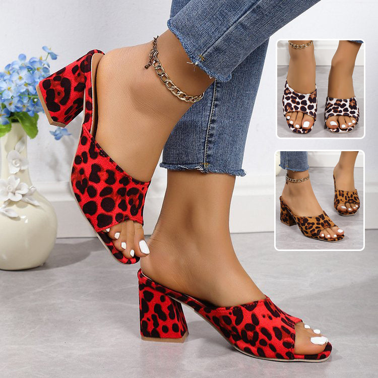 Leopard Square Toe Chunky Heel Sandals