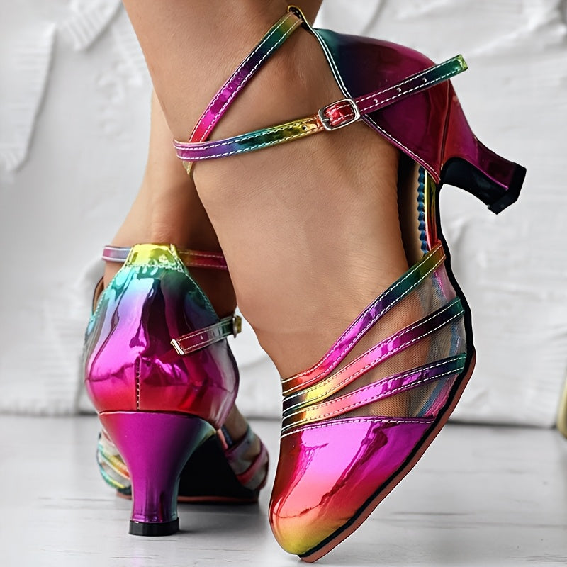 Leopard or Rainbow Gradient Cross Buckle Chunky Heel Shoes