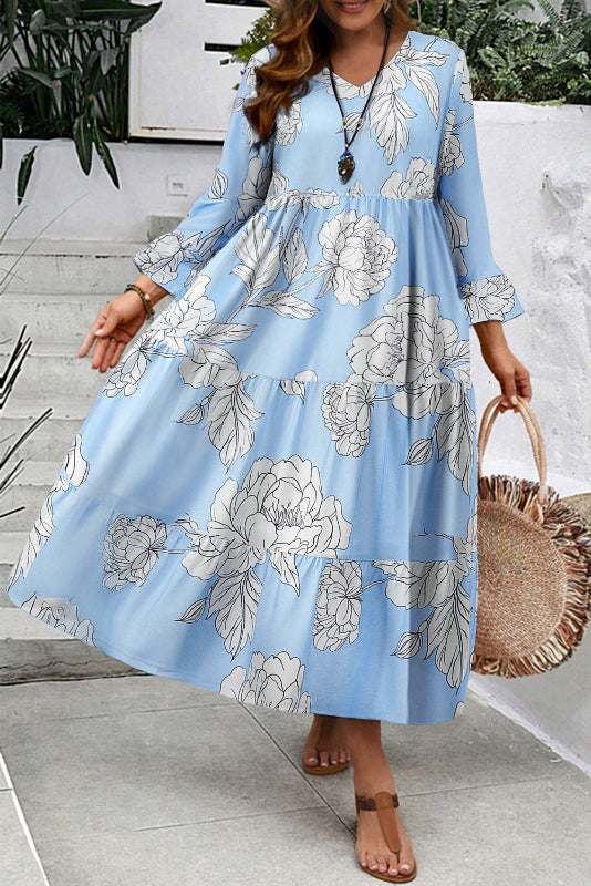 Light Blue Floral Bell Sleeve V Neck Tiered Midi Dress