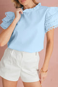 Light Blue Layered Cap Sleeve Frill Neck Blouse Beau Blue 80%Polyester+20%Cotton Shewin Blouses