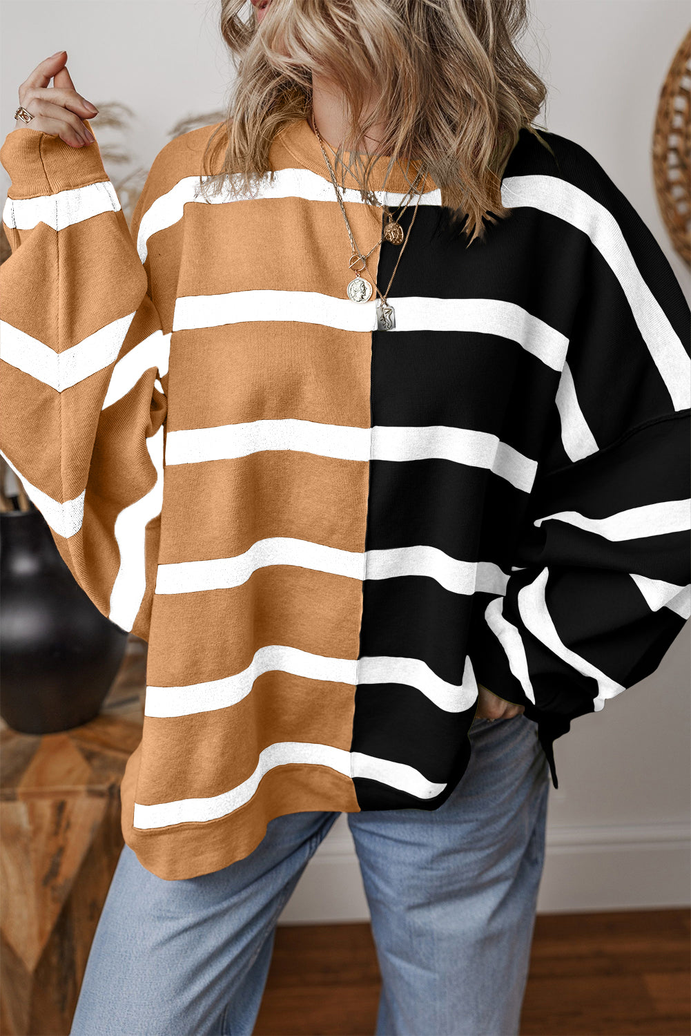 Beige Black White Colorblock Oversized Sweater