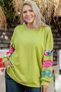 Lime Green Plus Size Patchwork Sleeve Sweatshirt Green 65%Polyester+35%Cotton Bazaare Mart Plus Size Sweatshirts & Hoodies