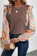 Long Floral Sleeve Patchwork Waffle Knit Top Coffee 100%Polyester Bazaare Mart Tops/Blouses & Shirts