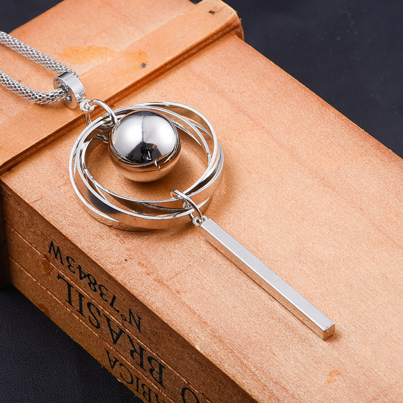 Long Silver Sphere Necklace with metal tassel bar