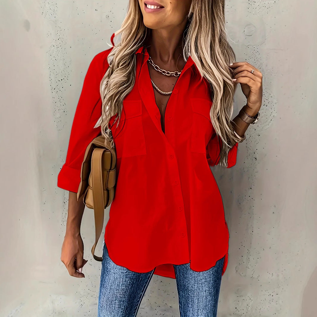Red Long Sleeve Button Up Blouse