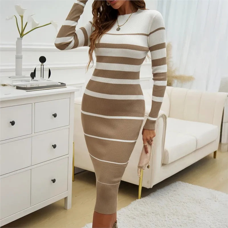 White and Taupe Long Sleeve Slim Fit Striped Contrasting Midi Dress