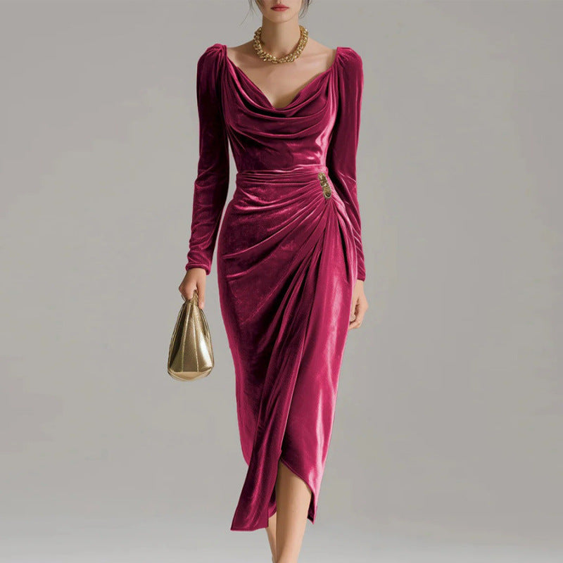 Long Sleeve Wrap Pleated Velvet Midi Dress