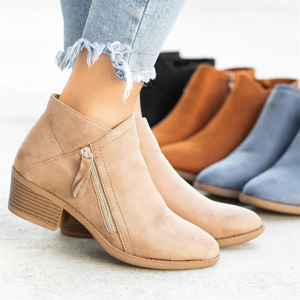 Low Heel Side Zipper Ankle Boots