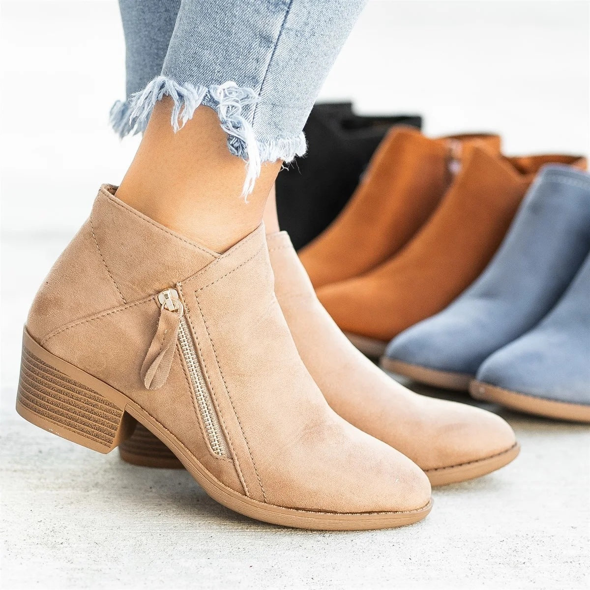 Low Heel Side Zipper Ankle Boots