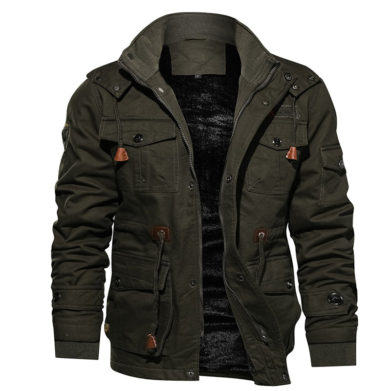 Green hooded thermal military jacket with a turtleneck collar, ribbed cuffs, and decorative buttons.