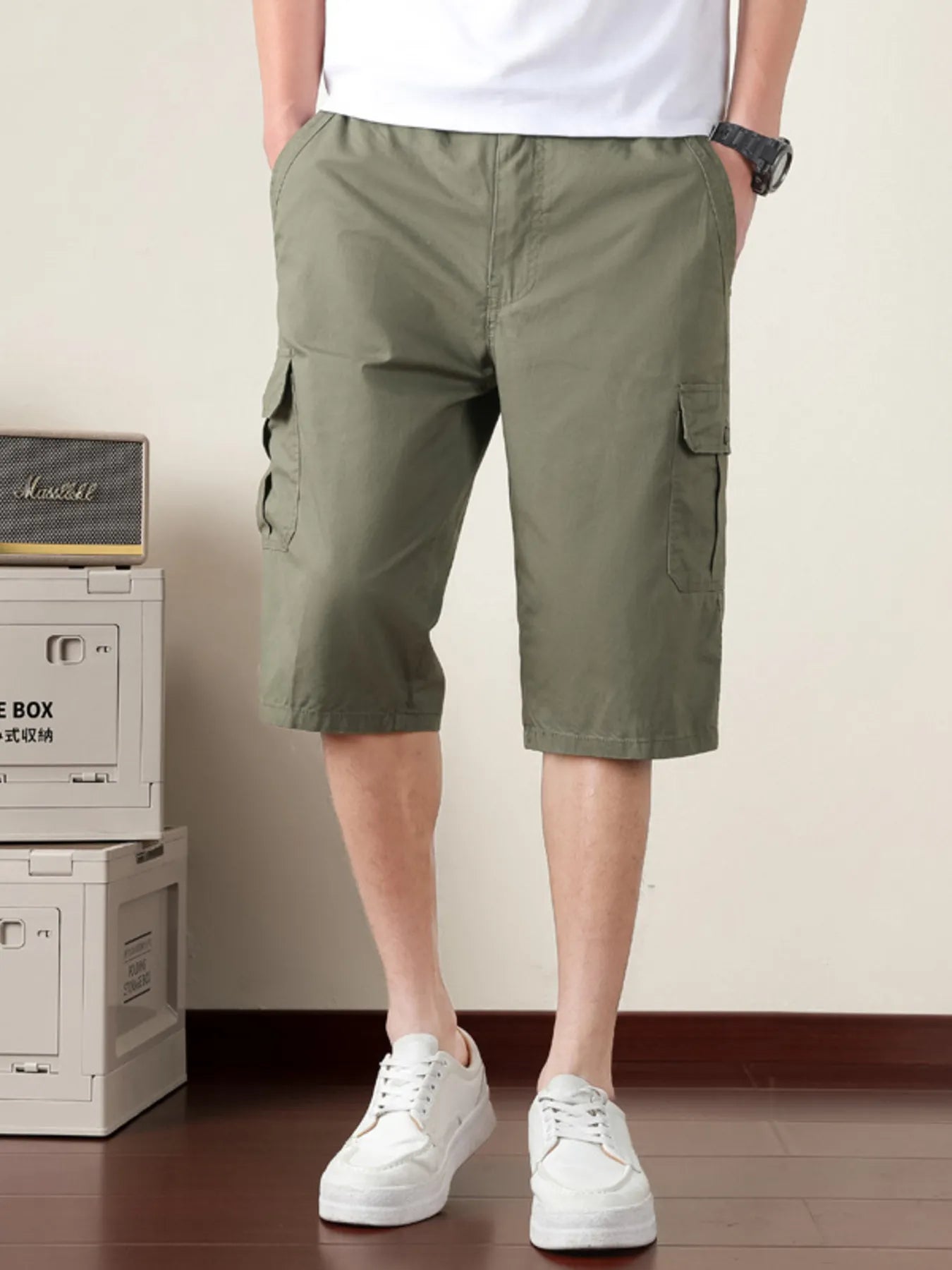 Men's Plus Size Green Cargo Shorts with Pockets