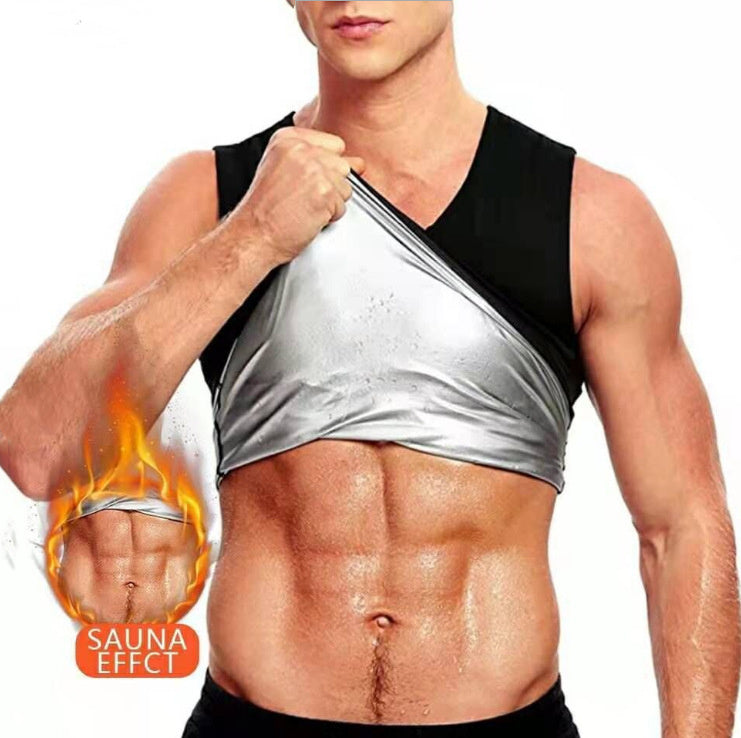 Person wearing a black and silver compression garment with 'Sauna Effect'