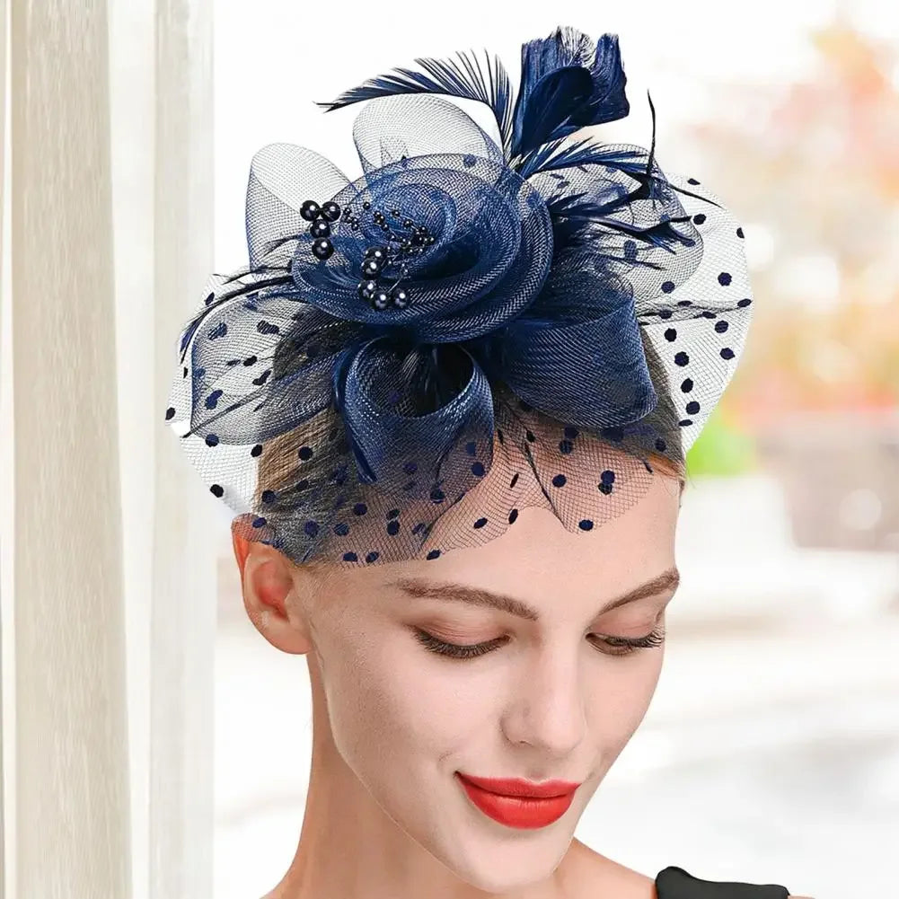 Navy Blue Mesh Dot Flower Feather Fascinator Hat 