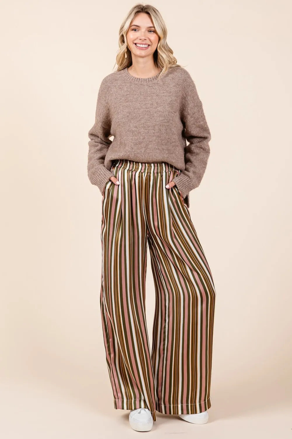 Mittoshop Brown & Pink Striped Satin Elastic Waist Wide Leg Pants