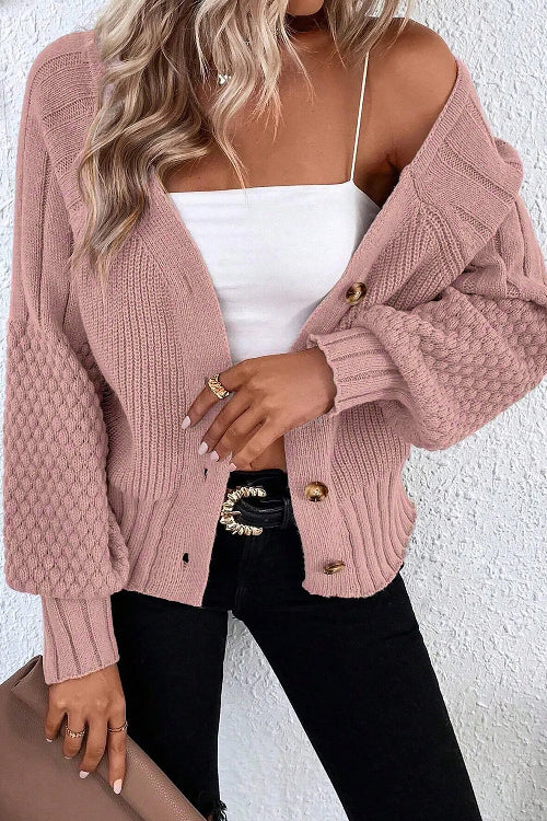 Mixed Texture Knit Button V Neck Cardigan Light Pink 52%Viscose+26%Polyester+22%Polyamide Bazaare Mart Sweaters & Cardigans/Cardigans
