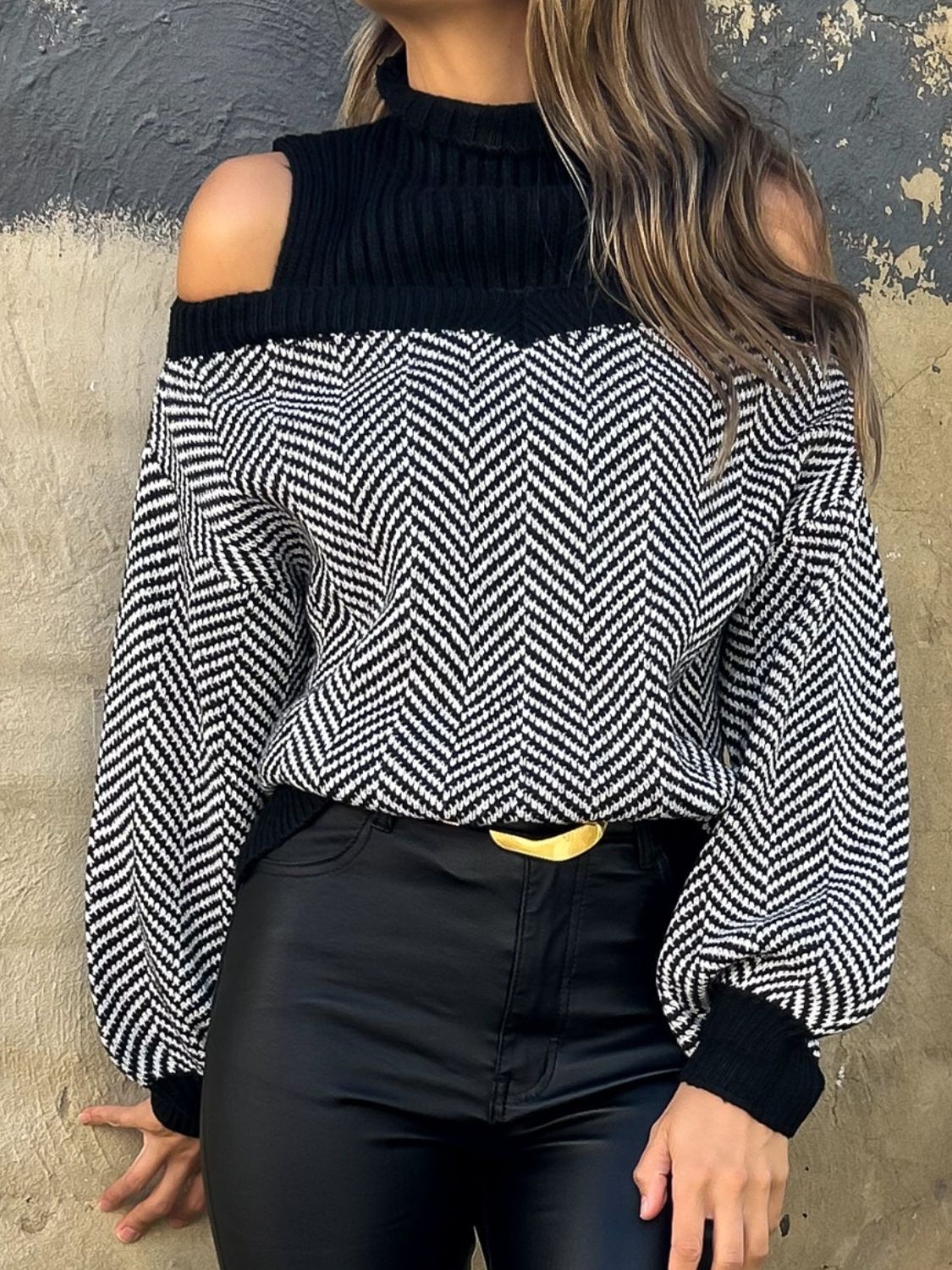 Mock Neck Cold Shoulder B&W Herringbone Sweater