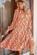 Orange Floral Collared Long Sleeve Dress Multicolor 100%Polyester Shewin 30% OFF