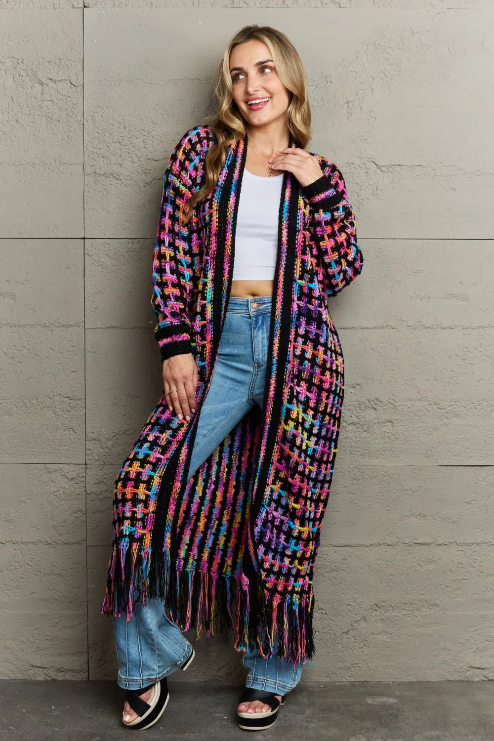 Multicolor Open Front Fringe Hem Duster Cardigan Bazarre Mart Multicolored Open Front Fringe Long Sweater