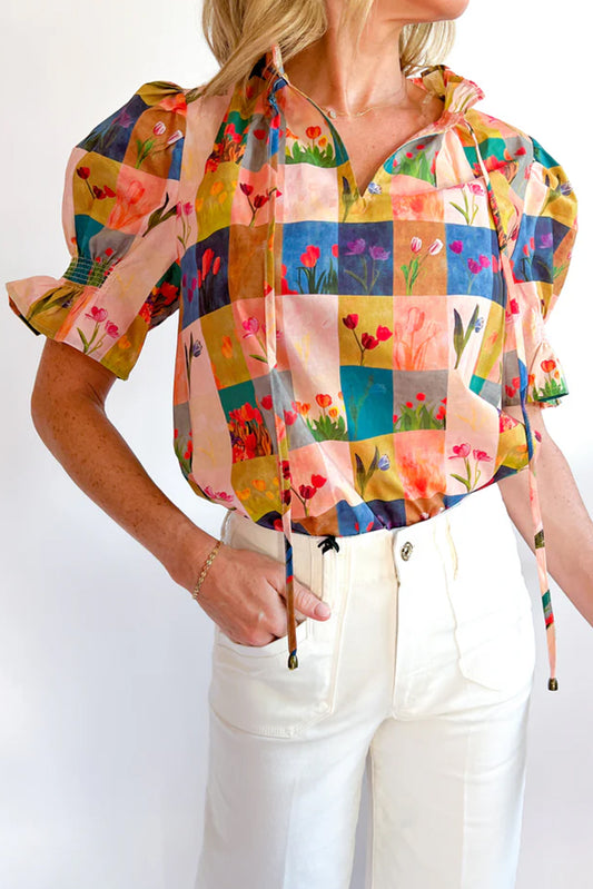 Multicolour Floral Checker Print Ruffled Half Puff Sleeve Blouse