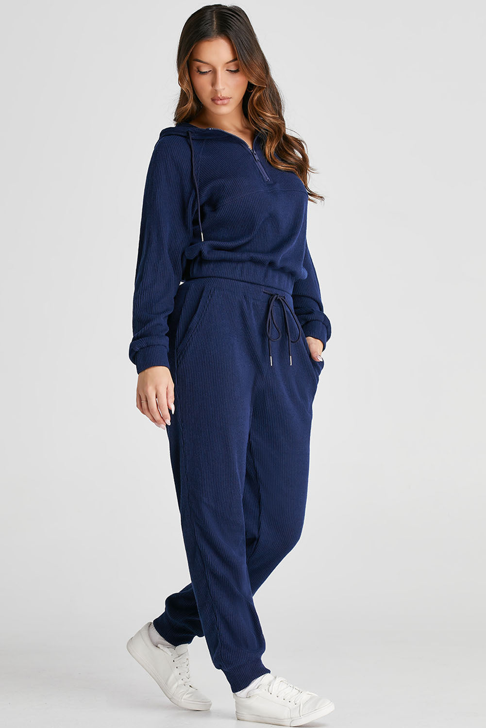 Navy Ribbed Knit Cropped Hoodie Joggers Set